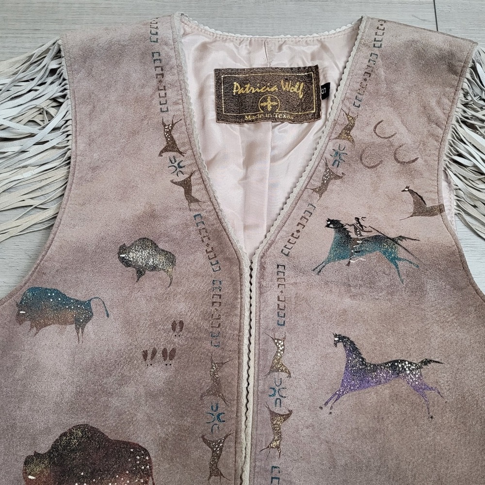 Vintage Patricia Wolf Vest Womens S Hand Painted Suede Fringe Western Boho Texas - Picture 6 of 16